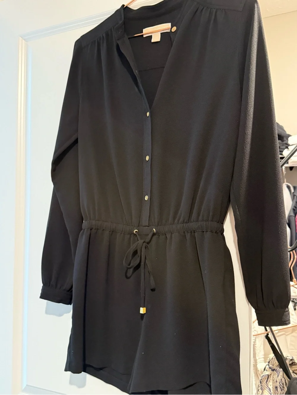 Michael Kors Black Long-Sleeve Drawstring Tunic jumpsuit romper black gold